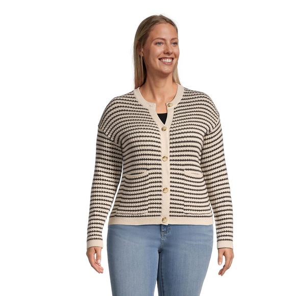 World Market Ivory and Black Stripe Cotton Cardigan with Pockets OS NWT - Picture 1 of 3